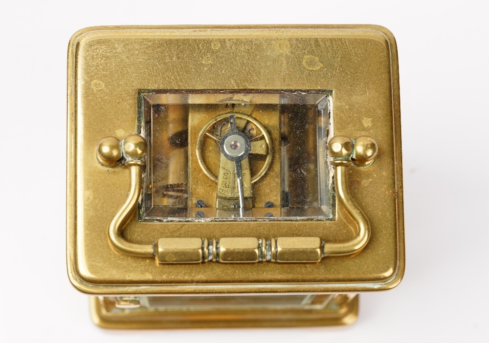 An late 19th century French brass cased carriage clock, with leather travelling case and winder, - Image 4 of 4