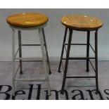 A near pair of modern metal bar stools with oak circular tops, 35cm wide x 73cm high.