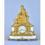 A French gilt bronze and white marble mantel clock Circa 1870 Modelled with a Renaissance lady The