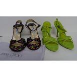 A pair of Jimmy Choo black satin sling back court sandals with multi poka dot design, size 36.