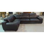 A modern hardwood framed corner sofa with faux black leather upholstery, 85cm high x 208cm wide.