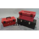 A 'Tuff Box' black plastic rectangular toolbox and two red plastic tool boxes,