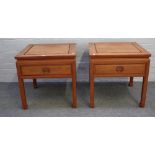 A pair of 20th century Eastern hardwood square single drawer side tables, on block supports,