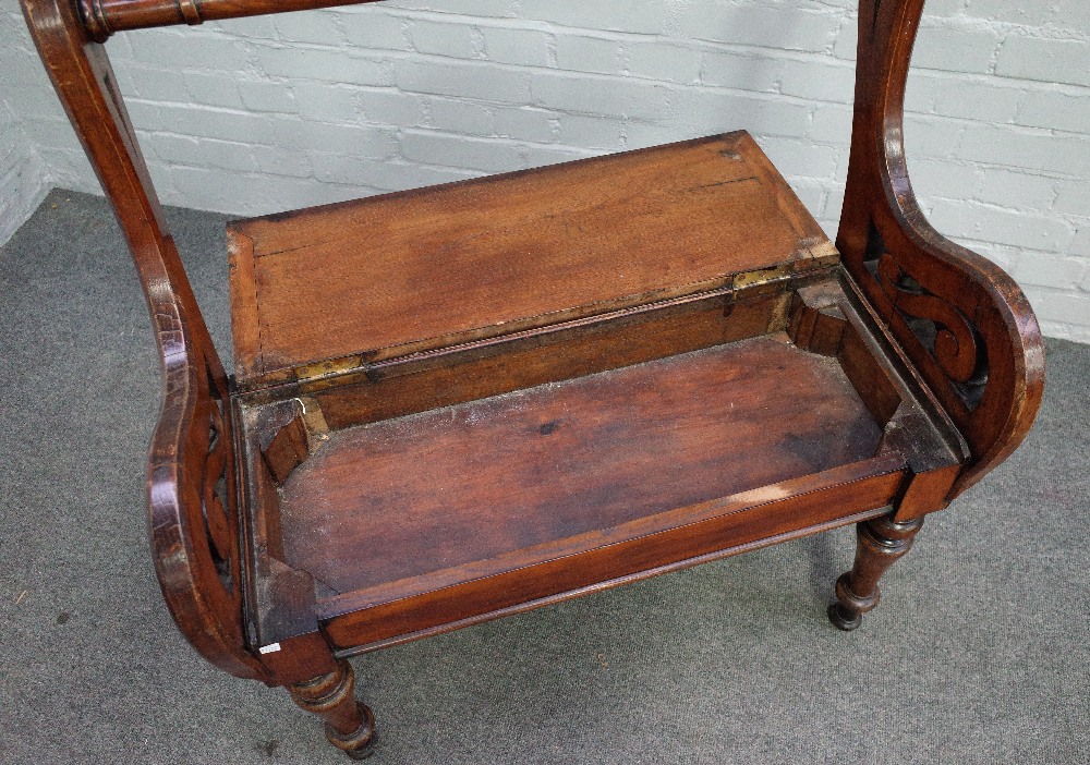 A Victorian Arts and Crafts stained oak box seat hall bench with turned back rail and supports, - Image 3 of 3