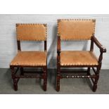 A set of eight Charles II style oak framed leather upholstered square back dining chairs,