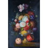 H Fonseca (20th Century), Still life of flowers in a vase on a ledge,