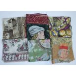 A collection of six large silk pictorial printed scarves,