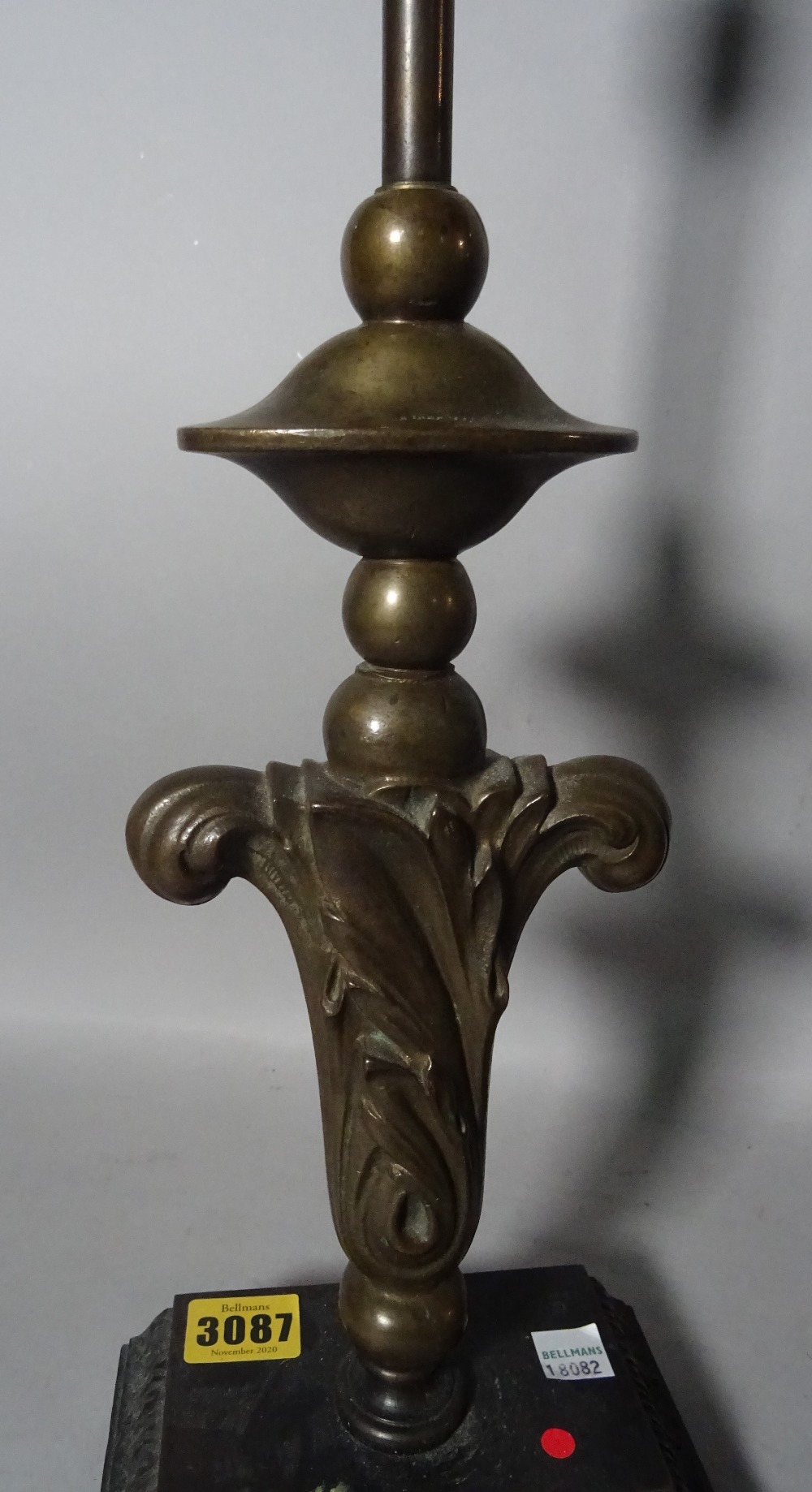 A pair of 19th century table lamps, each as an upright foliate finial, 47cm high, - Image 3 of 3