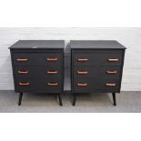 A pair of 20th century ebonised three drawer bedside chests,