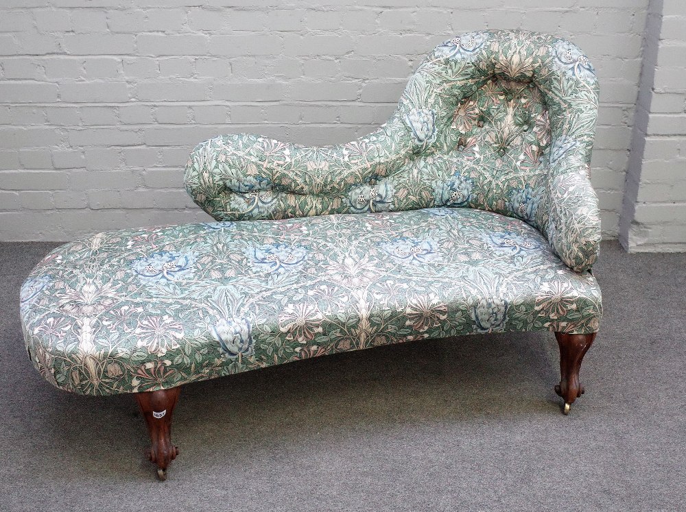 A small Victorian spoonback chaise longue with William Morris upholstery on faux rosewood scroll
