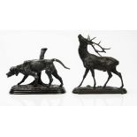 A 20th century French bronze model of hunting dog, unsigned, 36cm wide, and a bronze model of stag,