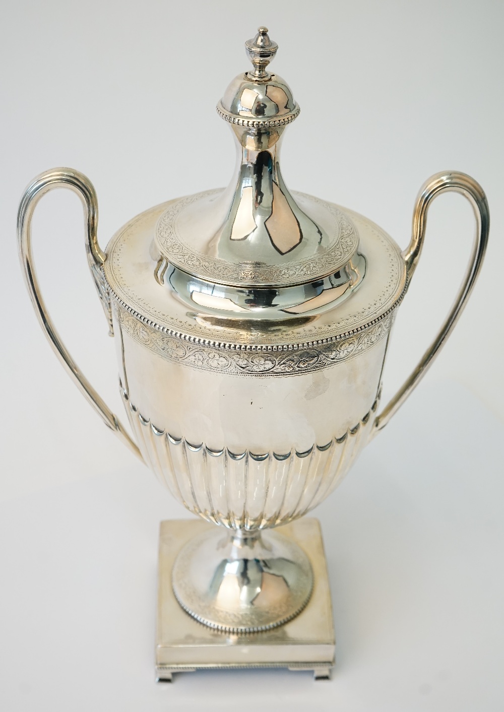 A Victorian silver twin handled hot water lidded urn, of Adam form, - Image 3 of 6