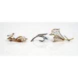 A 9ct white gold, aquamarine and diamond brooch, designed as a spray, a 9ct gold,