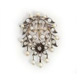 A gold backed and silver set diamond and cultured pearl pendant brooch,