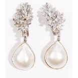 A pair of mabé cultured pearl and diamond-set pendent earrings,