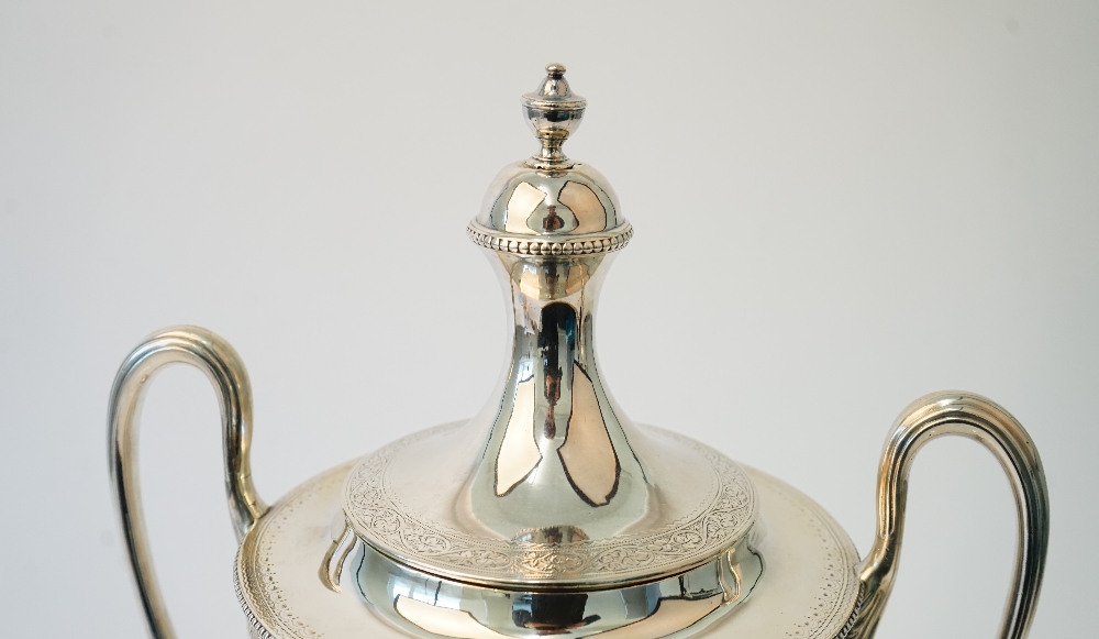 A Victorian silver twin handled hot water lidded urn, of Adam form, - Image 4 of 6