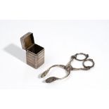 A French square silver box, early 19th century, with hinged cover and engine turned bands, 2.5 x 2.