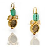 A pair of gold, diamond and emerald earrings,