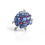 A sapphire, ruby and diamond brooch, in a floral design, mounted with oval cut sapphires,