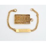 A gold pendant, designed as an abacus, detailed 14 K and a gold faceted curb link identity bracelet,