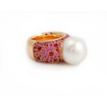 A gold, South Sea cultured pearl, ruby and pink sapphire ring,