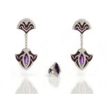 A white gold, diamond, amethyst and mauve enamelled pair of pendant earrings and a matching ring,