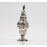 A German sugar caster, of inverted pear shaped form, decorated with floral swags,