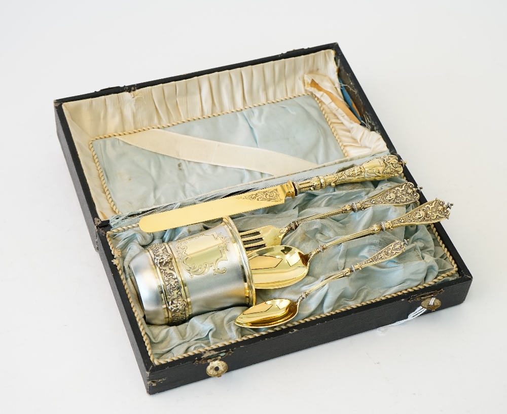 A Continental parcel gilt five piece christening set, last quarter of the 19th century,