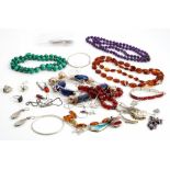 A collection of silver and hardstone jewellery,