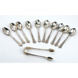 Ten Victorian silver Albany pattern teaspoons with a matching Victorian pair of Albany pattern