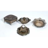 An Art Nouveau silver mounted lozenge shape jewel box and pin cushion, Lee & Wigful,