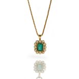 An 18ct gold, emerald and diamond cluster pendant,