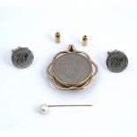 A gold stick pin mounted with a cultured pearl, two brass pin fittings, a pair of silver cufflinks,