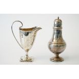 Silver, comprising; a helmet shaped cream jug, raised on a square foot, Birmingham 1900,