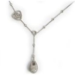 An 18ct white gold and diamond pendant necklace, the front with a pear shaped drop,