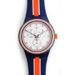 A Swatch Swiss blue, orange and white plastic wristwatch,