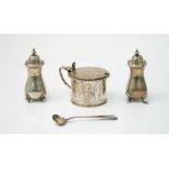 Silver, comprising; a Victorian mustard pot, of cylindrical form with a gadrooned rim,
