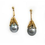 A pair of 18ct gold, cultured pearl and diamond set pendant earrings,