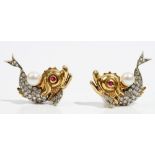 A pair of ruby, cultured pearl and diamond-set earclips, Designed as exotic fish,