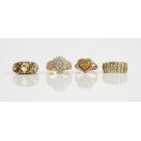 A collection of three 9ct gold and diamond set dress rings comprising a diamond and coloured