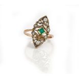 A Russian gold, synthetic emerald and diamond ring,