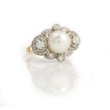 A cultured pearl and diamond-set dress ring, of lozenge design,