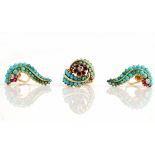 A gold, ruby, turquoise and diamond set dress ring and a pair of earclips,