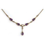 A 9ct gold, amethyst and cultured pearl necklace,