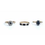 A 9ct gold, sapphire and diamond oval cluster ring, ring size M, a 9ct gold,