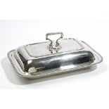 A silver rectangular lidded entree dish, of rectangular form, decorated with beaded rims,