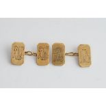 A pair of 9ct gold cut cornered rectangular cufflinks, the backs and the fronts monogram engraved,