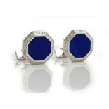 A pair of white gold, lapis lazuli and diamond set dress cufflinks,