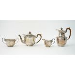 A silver four piece tea and coffee set, comprising; a teapot, a hot water or coffee jug,