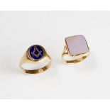 A 9ct gold and blue enamelled Masonic rotating signet ring, with a square and compasses motif,
